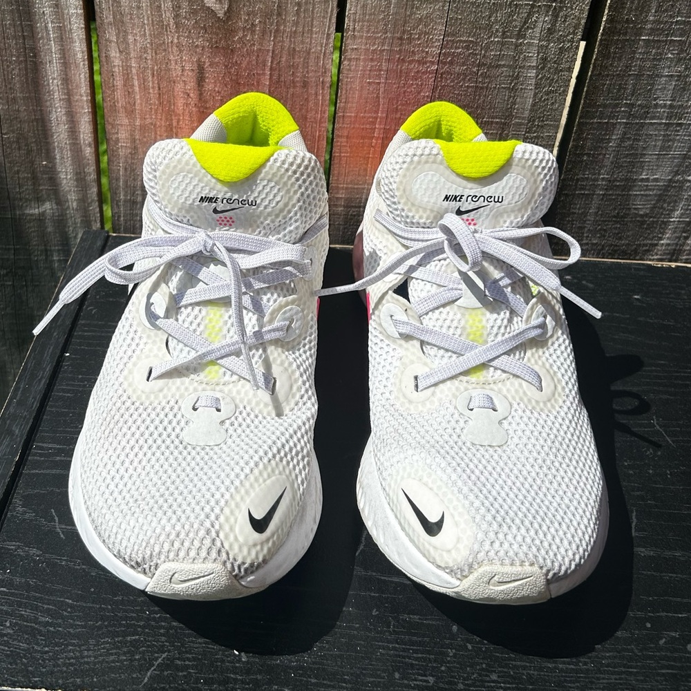 Women’s Nike Renew White and Neon Yellow Sneakers